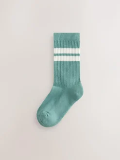 New Next Ecru/Blue/Mineral Cushioned Footbed Cotton Rich Ribbed Tipped Socks 5 Pack