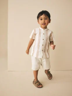 Best Next Ecru/Brown Short Sleeve Grandad Collar Textured Stripe Shirt (3mths-7yrs)