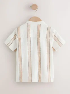 Best Next Ecru/Brown Short Sleeve Grandad Collar Textured Stripe Shirt (3mths-7yrs)