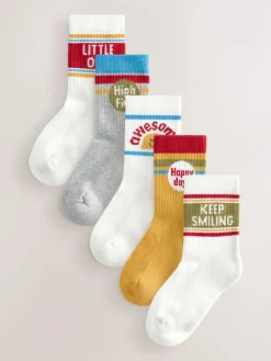 Next Ecru/Mustard/Red Retro Slogan Character Cotton Rich Socks 5 Pack^BOY Socks & Tights|Socks & Tights
