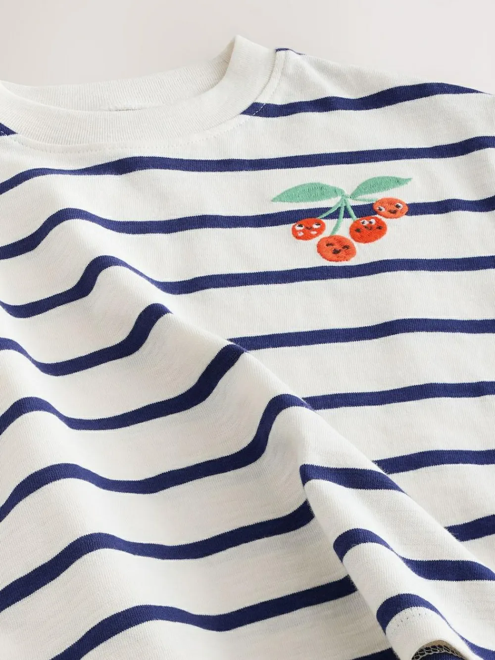 Outlet Next Short Sleeve Embroidered T-Shirt (3mths-7yrs) Ecru/Navy Stripe Cherry