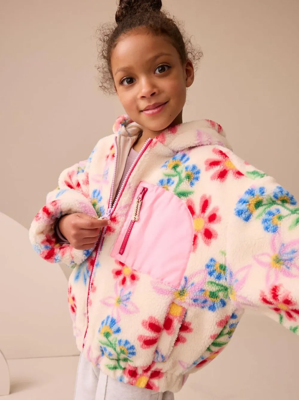 Best Next Hooded Zip Borg Fleece Jacket (3-16yrs) Ecru/Pink Floral