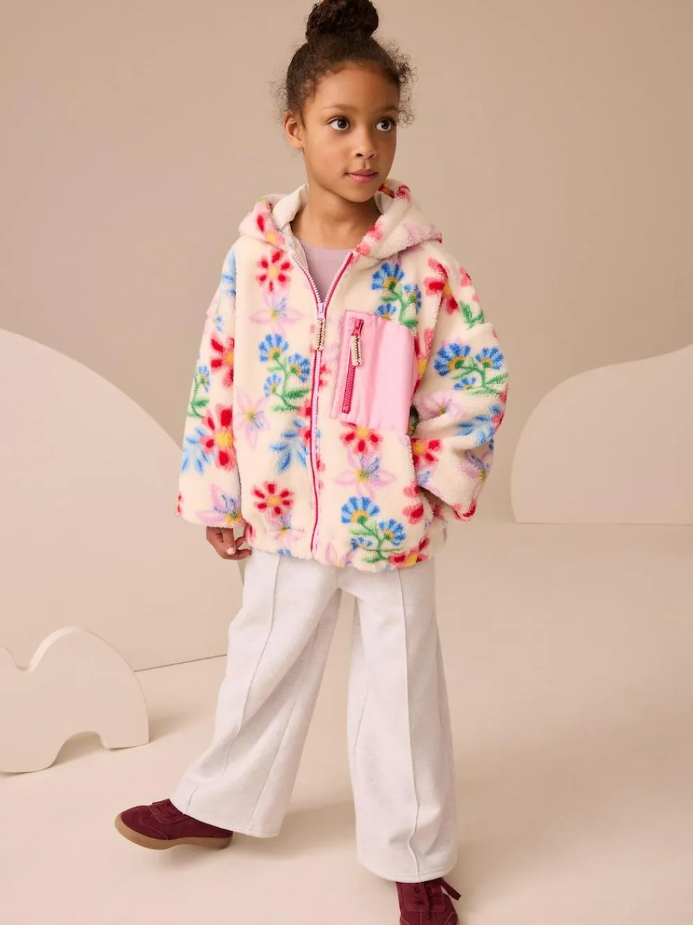 Best Next Hooded Zip Borg Fleece Jacket (3-16yrs) Ecru/Pink Floral