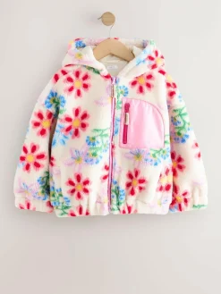 Best Next Hooded Zip Borg Fleece Jacket (3-16yrs) Ecru/Pink Floral