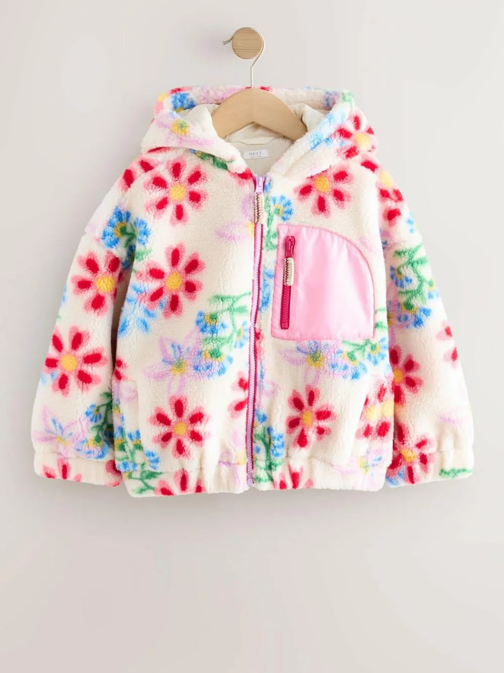 Best Next Hooded Zip Borg Fleece Jacket (3-16yrs) Ecru/Pink Floral