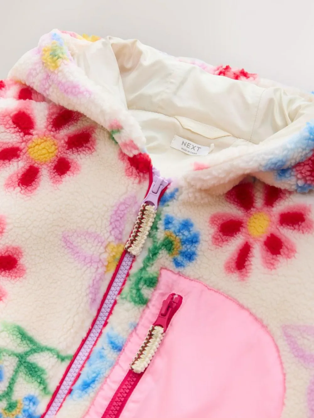 Best Next Hooded Zip Borg Fleece Jacket (3-16yrs) Ecru/Pink Floral