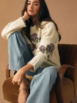 Outlet Next Crew Neck Jumper With Wool Ecru/Purple Floral