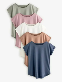 New Next Cap Sleeve T-Shirts 5 Pack Ecru/Taupe/Brown/Blue/Yellow