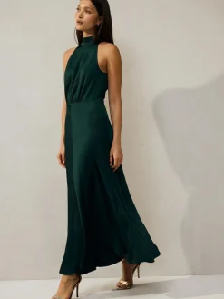 Next Emerald Green Textured Satin Halter Sleeveless Midi Dress^Women Occasion Dresses|Maxi Dresses