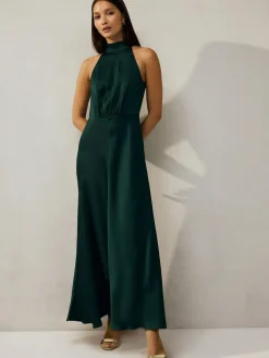 Next Emerald Green Textured Satin Halter Sleeveless Midi Dress^Women Occasion Dresses|Maxi Dresses