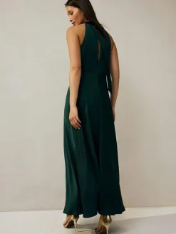 Next Emerald Green Textured Satin Halter Sleeveless Midi Dress^Women Occasion Dresses|Maxi Dresses