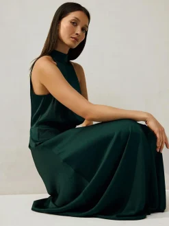Next Emerald Green Textured Satin Halter Sleeveless Midi Dress^Women Occasion Dresses|Maxi Dresses