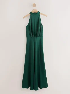 Next Emerald Green Textured Satin Halter Sleeveless Midi Dress^Women Occasion Dresses|Maxi Dresses