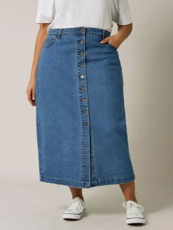 Evans Blue Button Through Denim Skirt^Women Skirts