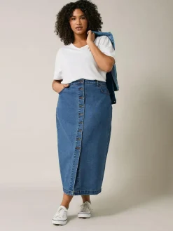 Evans Blue Button Through Denim Skirt^Women Skirts