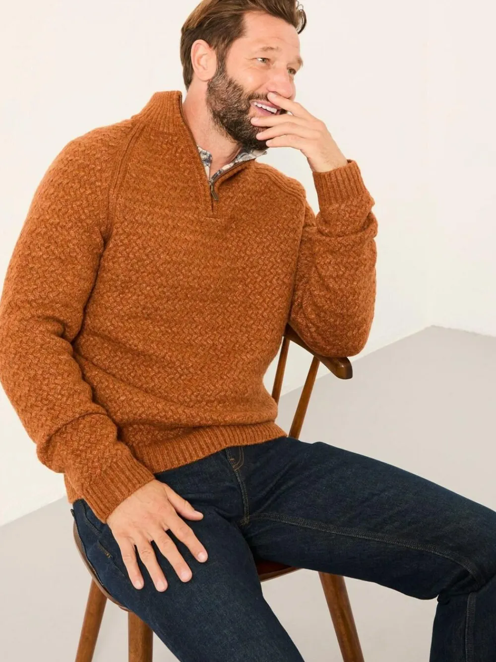 New Fat Face FatFace Calder Half Zip Neck Knitted Jumper Rust Brown