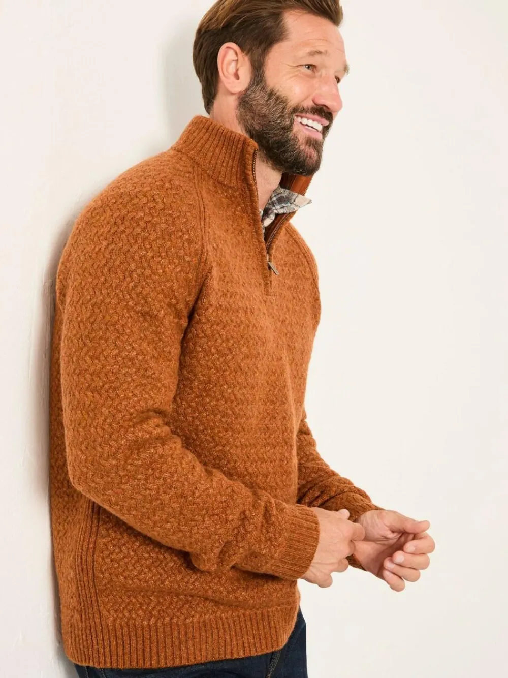 New Fat Face FatFace Calder Half Zip Neck Knitted Jumper Rust Brown