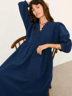 Clearance Fat Face FatFace Ceil Indigo Blue Textured Midi Dress