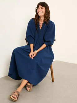 Clearance Fat Face FatFace Ceil Indigo Blue Textured Midi Dress