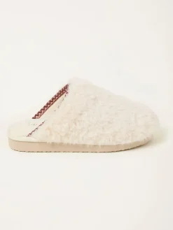 New Fat Face FatFace Chessie Ivory Borg Embroidered Mule