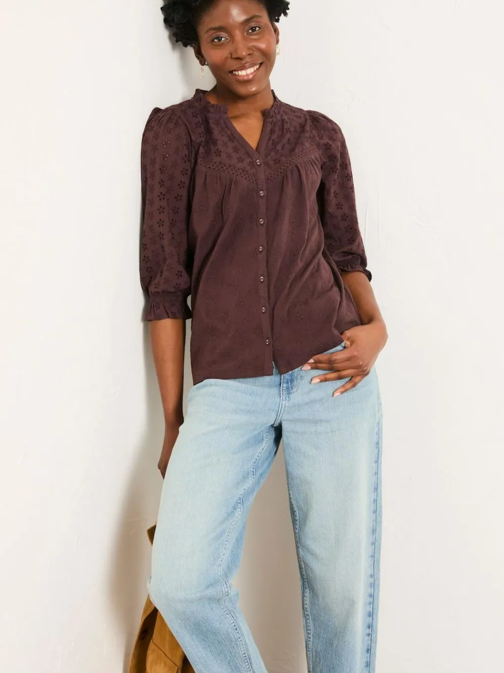 Best Fat Face FatFace Claire Broderie Top Chocolate Brown