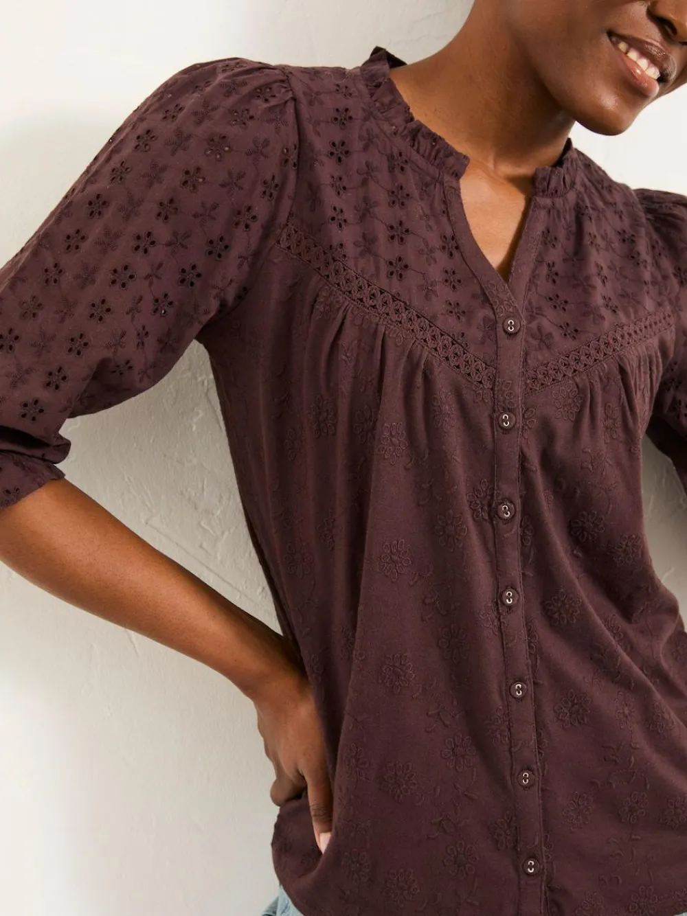 Best Fat Face FatFace Claire Broderie Top Chocolate Brown