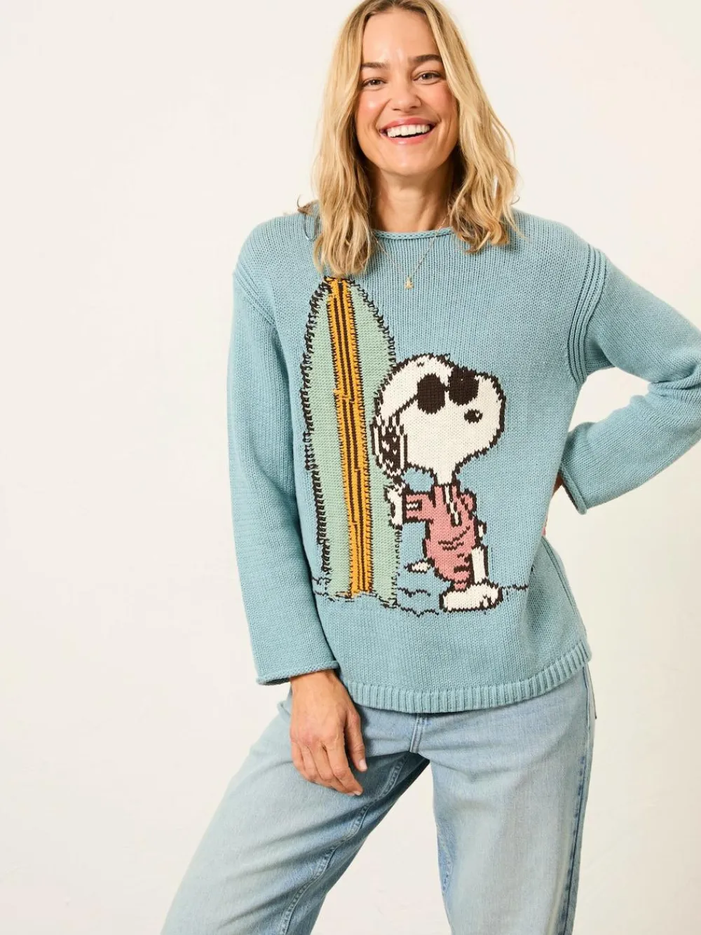 Discount Fat Face FatFace Light Blue Snoopy Knitted Jumper
