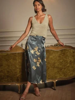 Best Fat Face FatFace Lily Dark Navy Printed Satin Bias Skirt