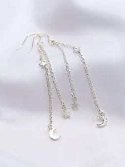 Discount Fat Face FatFace Silver Tone Star and Moon Chain Earrings