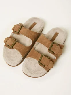 Fat Face FatFace Tan Brown Cosy Borg Lined Leather Footbed^Women Slippers