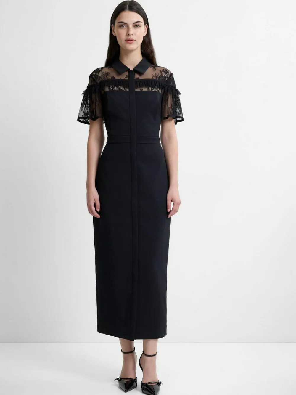 French Connection Black Miles Lace Mix Midi Dress^Women Maxi Dresses