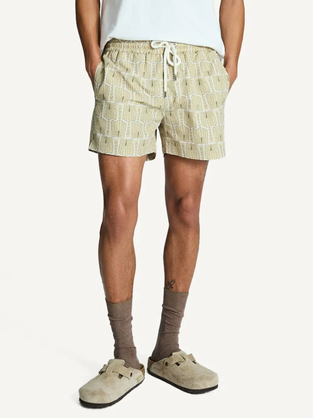 Hot Frescobol Carioca Rio Swim Shorts Cream Palmeira Print