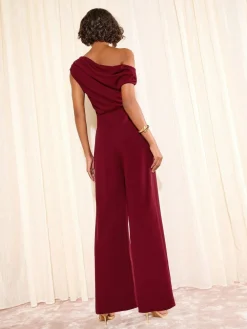 Outlet Friends Like These Petite Off The Shoulder Scuba Wide Leg Jumpsuit Berry Red
