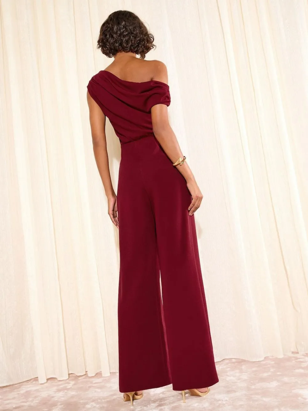 Outlet Friends Like These Petite Off The Shoulder Scuba Wide Leg Jumpsuit Berry Red