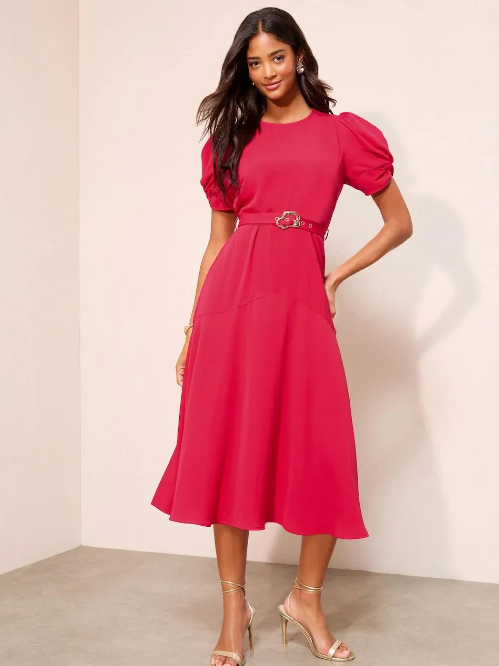 Friends Like These Ruched Short Sleeve Belted Midi Dress^Women Occasion Dresses|Midi Dresses