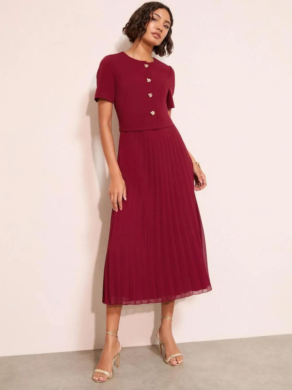 Best Friends Like These Button Down 2-In-1 Pleated Dress Berry Red