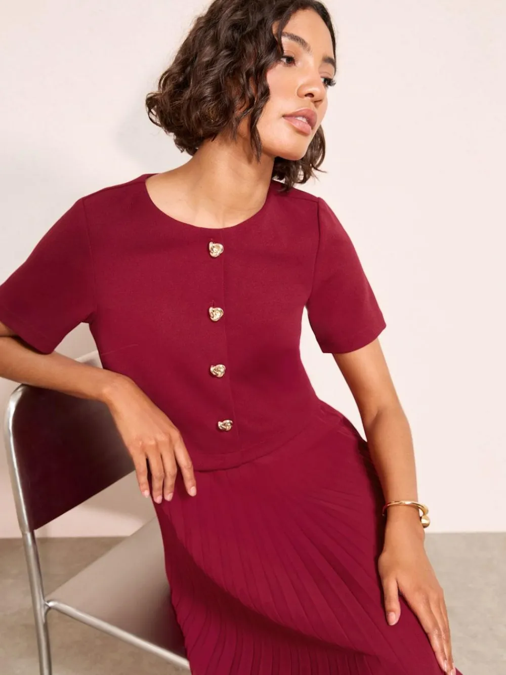Best Friends Like These Button Down 2-In-1 Pleated Dress Berry Red
