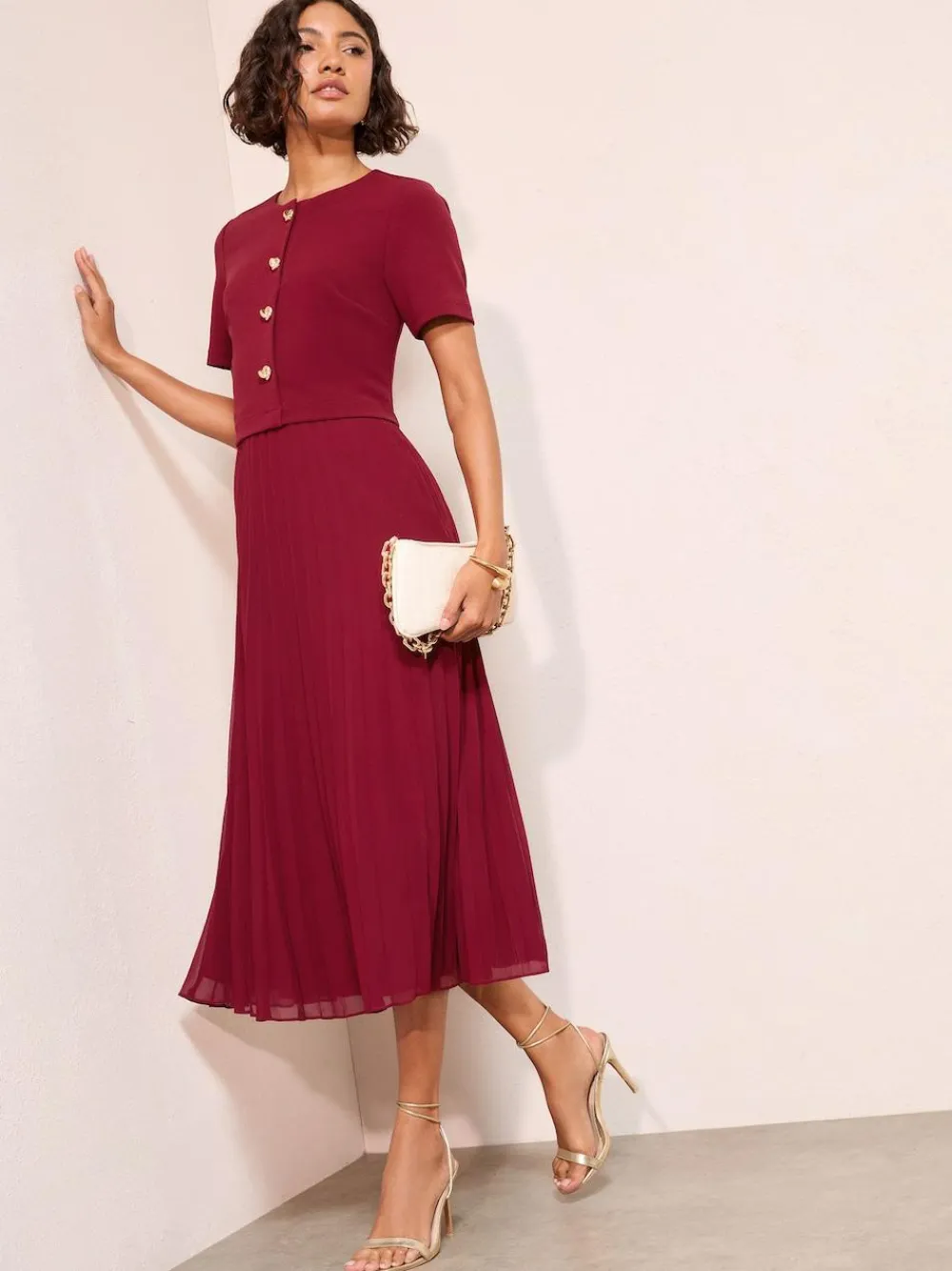 Best Friends Like These Button Down 2-In-1 Pleated Dress Berry Red
