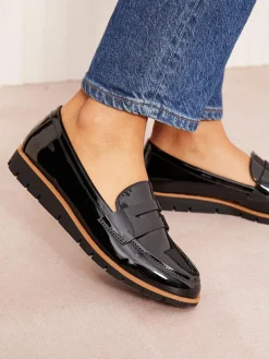 Friends Like These Black Wide Fit Comfort Patent Faux Leather Flat Loafers^Women Wide Fit & Extra Wide Fit|Flats