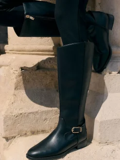 Discount Friends Like These Knee High Buckle Rider Faux Leather Long Boots Black