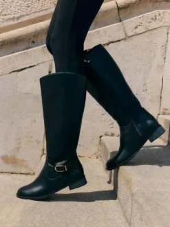 Discount Friends Like These Knee High Buckle Rider Faux Leather Long Boots Black