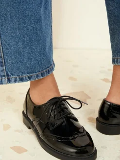 Friends Like These Black Standard Fit Flat Comfort Lace Up Patent Faux Leather Brogue Shoes^Women Flats