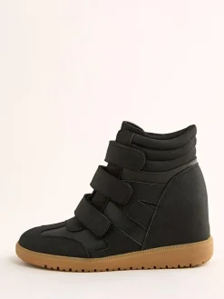 New Friends Like These Black Faux Leather Velcro High Top Wedge Casual Trainers