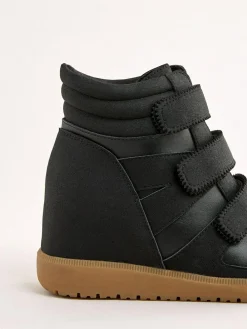 New Friends Like These Black Faux Leather Velcro High Top Wedge Casual Trainers
