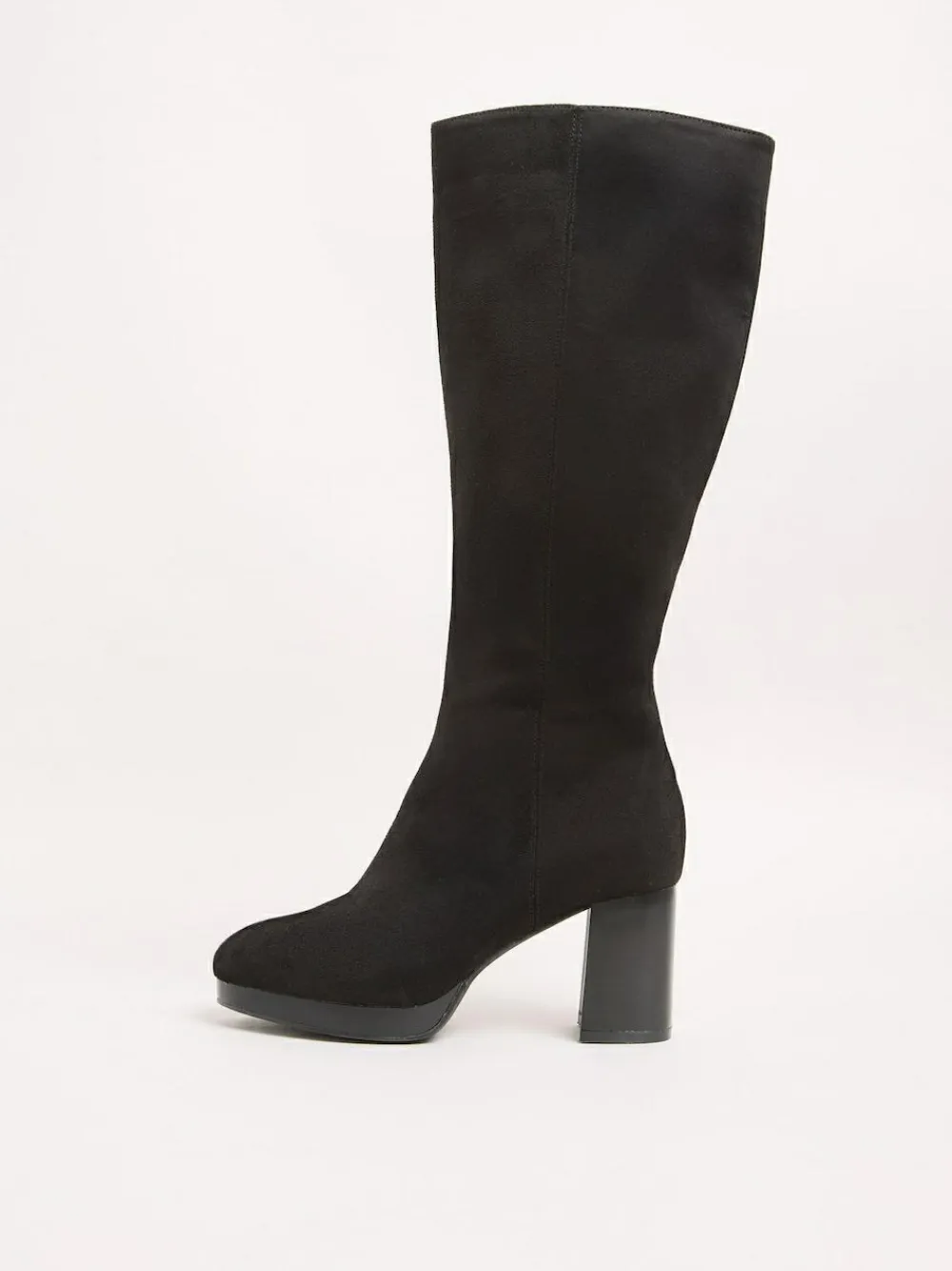 Online Friends Like These Black Wide Fit Platform Block Heel Knee High Faux Suede Long Boots