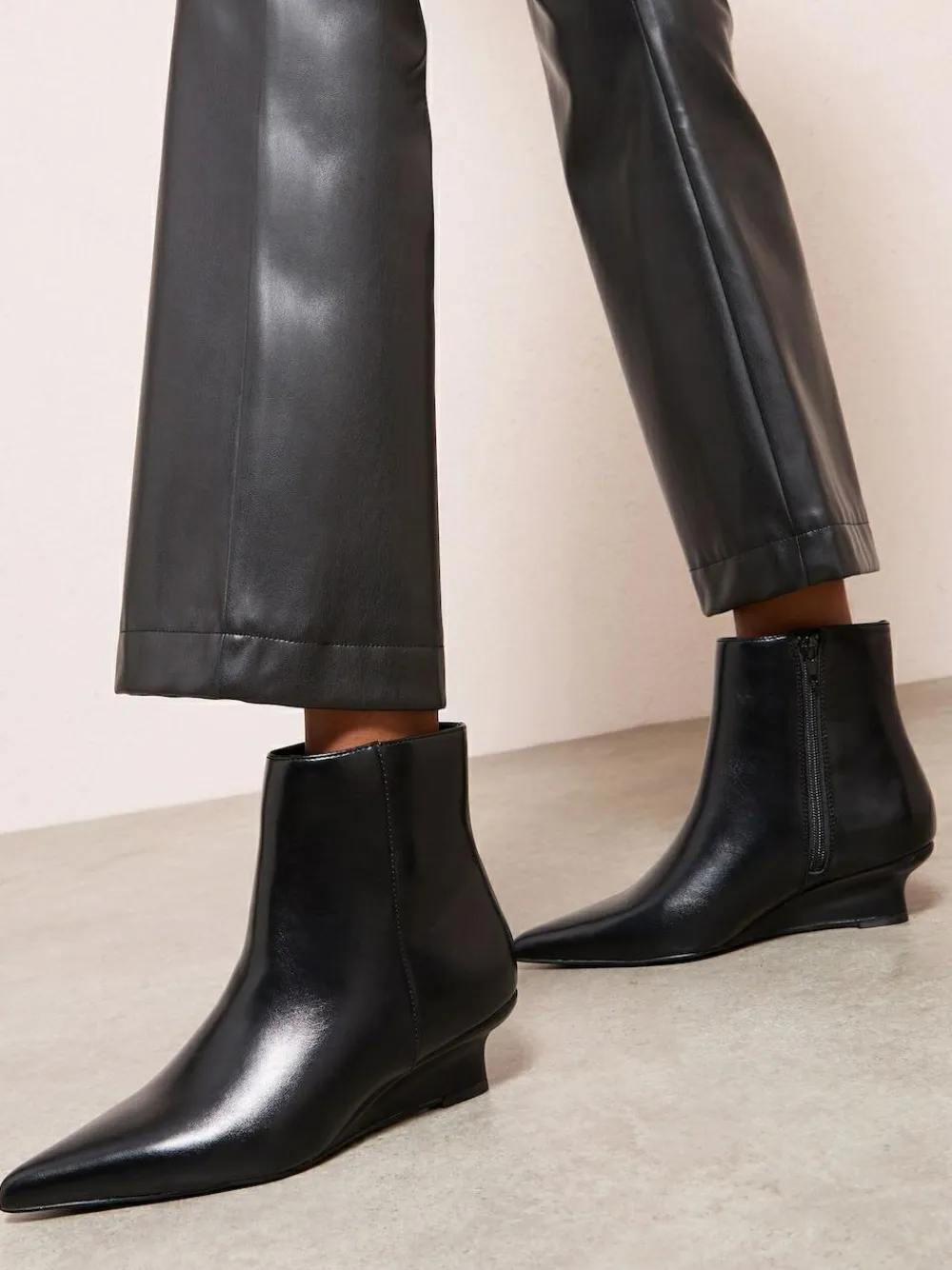 Outlet Friends Like These Black Faux Leather Low Wedge Formal Point Toe Ankle Boots