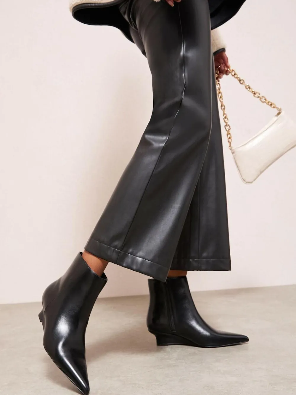 Outlet Friends Like These Black Faux Leather Low Wedge Formal Point Toe Ankle Boots