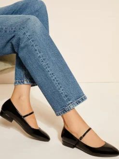 Sale Friends Like These Black Wide Fit Round Toe Mary Jane Faux Leather Patent Ballerinas