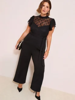 Friends Like These Black Curve Lace Scuba Mix Frill Sleeve Jumpsuit^Women Jumpsuits & Playsuits