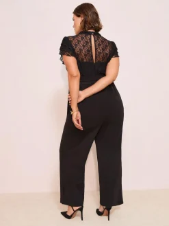 Friends Like These Black Curve Lace Scuba Mix Frill Sleeve Jumpsuit^Women Jumpsuits & Playsuits